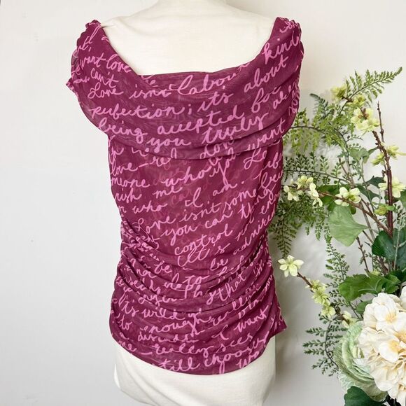 Maeve Off-The-Shoulder Ruched Mesh Script Top Burgundy Pink Large Anthropologie - Picture 6 of 11